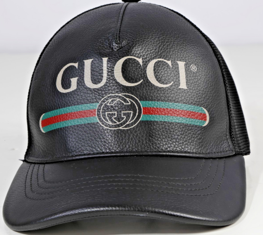 Gucci Black Leather Mesh Trucker Baseball Cap Interlocking GG Sherry Line Web S